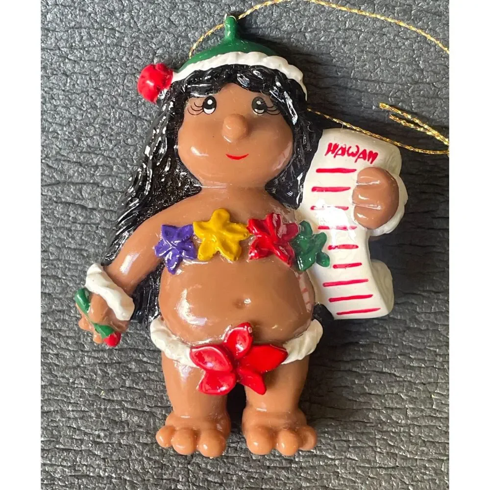 Vintage 1988 Hawaiian Poi People Hula Girl Christmas Ornament w/ Box Hawaii